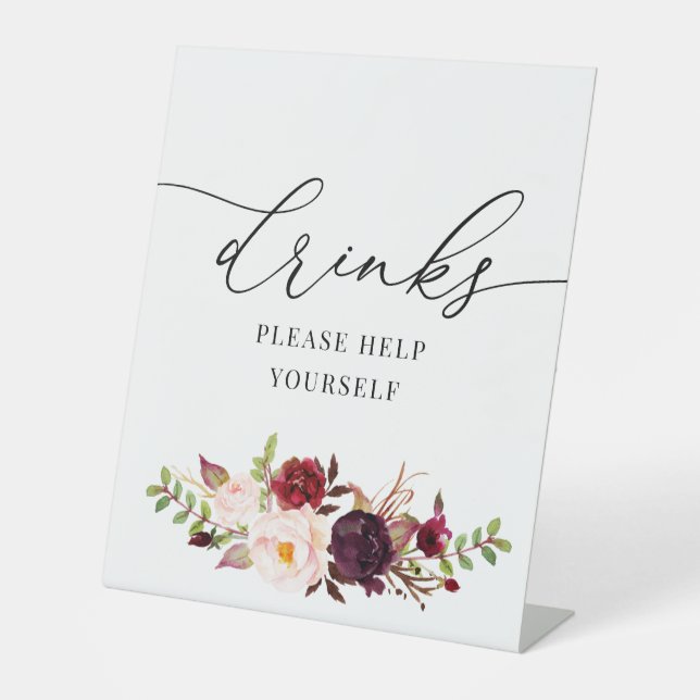 burgundy and blush watercolor flowers drinks sign (Front)