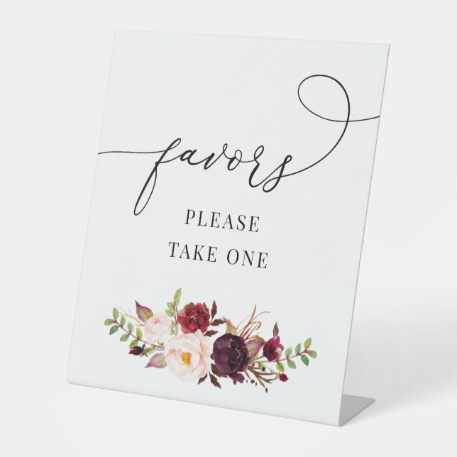 burgundy and blush watercolor flowers favours sign (Front)