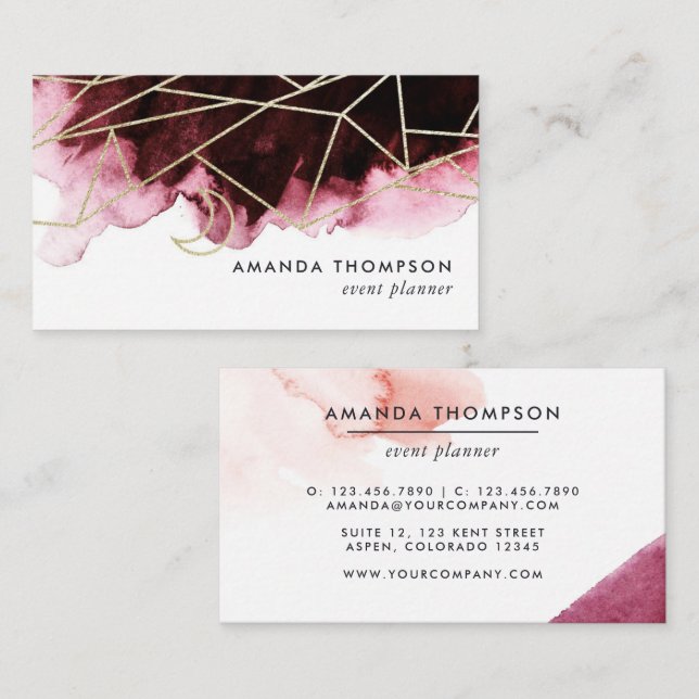 Burgundy and Blush Watercolor Geometric Business Card (Front/Back)
