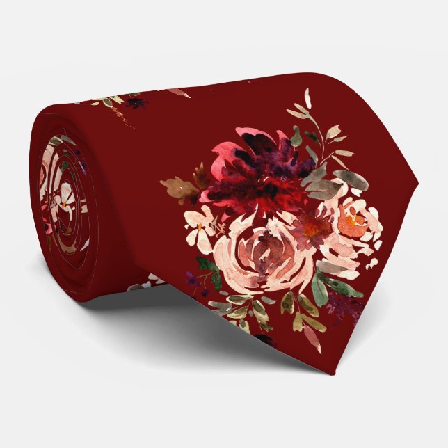 Burgundy and Blush Watercolor Pattern Tie (Rolled)