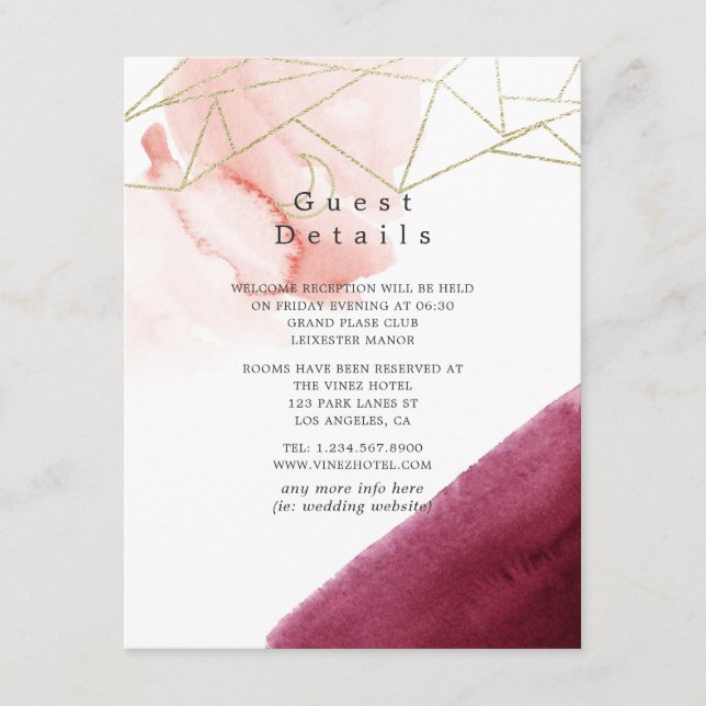 Burgundy and Blush Watercolor Wedding Guest Detail Enclosure Card (Front)