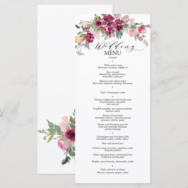 Burgundy and blush watercolour roses menu (Front/Back)