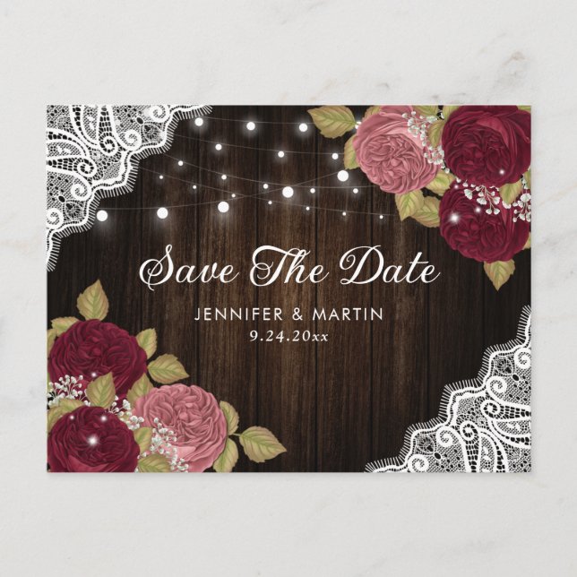 Burgundy and Blush Wedding Save The Date Postcards (Front)