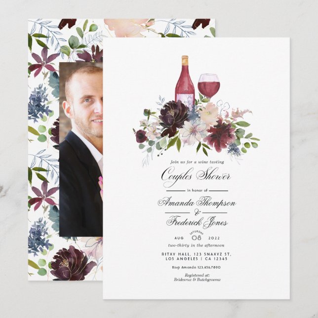 Burgundy and Blush Wine themed Couples Shower Invitation (Front/Back)