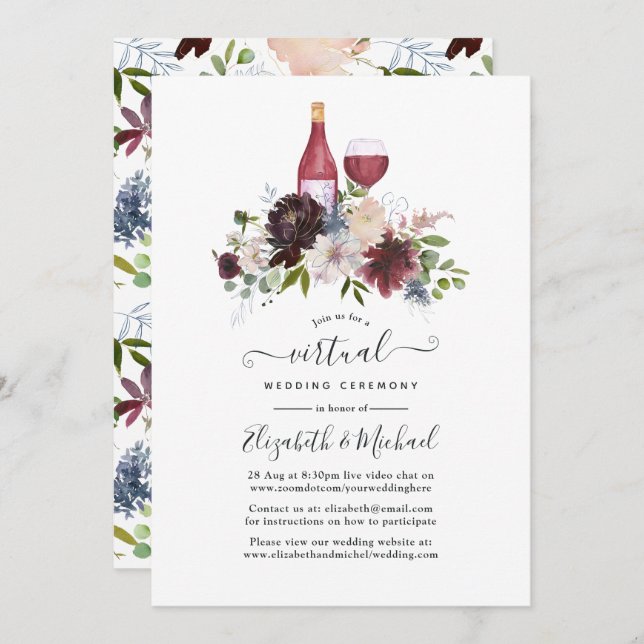 Burgundy and Blush Wine themed Virtual Wedding Invitation (Front/Back)