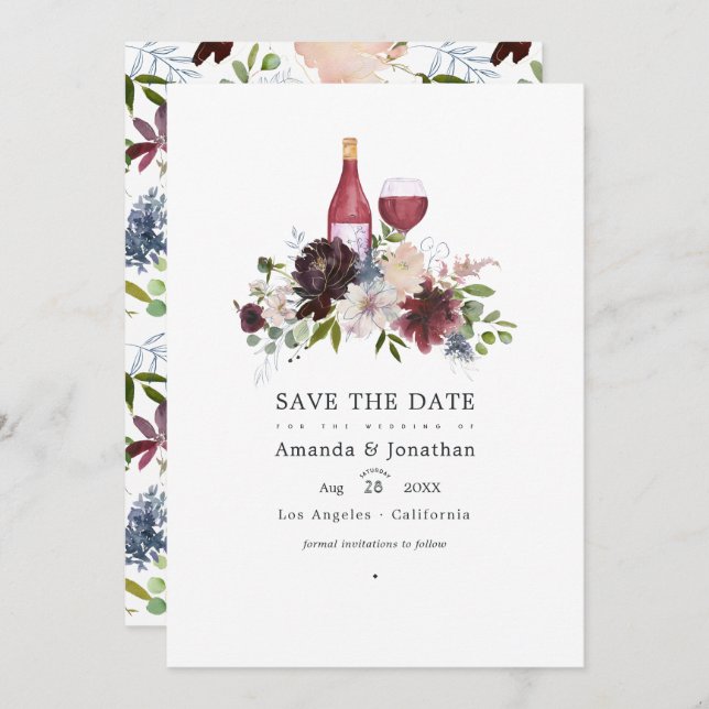 Burgundy and Blush Wine themed Wedding Save The Date (Front/Back)