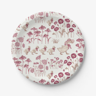 Burgundy and Brown Vintage Wildflowers and Ducks Paper Plate