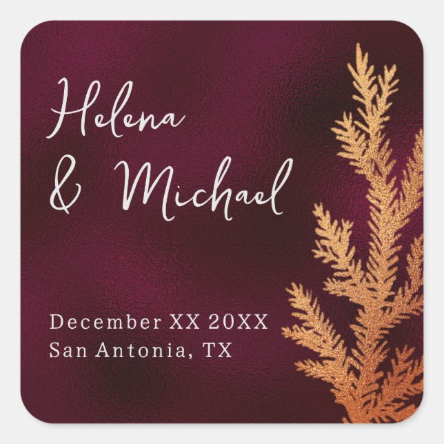 Burgundy and Copper Winter Wedding Pine Branch Square Sticker (Front)
