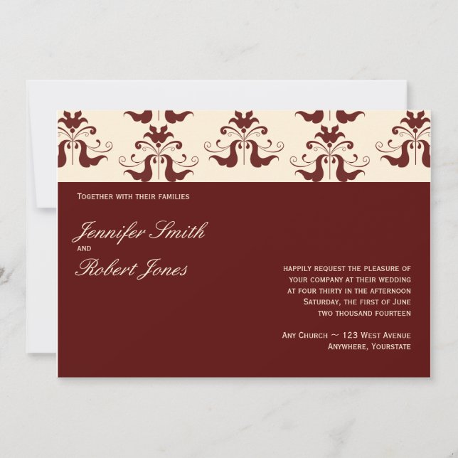 Burgundy and Cream Damask Wedding Invitation (Front)