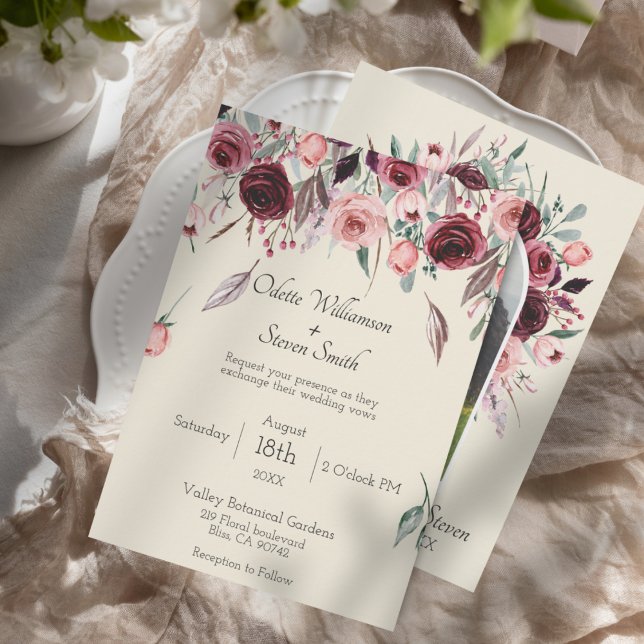 Burgundy and Cream Floral Custom Photo Wedding Invitation (Burgundy and Blush Watercolor Flower and Cream Elegant Wedding Invitation)