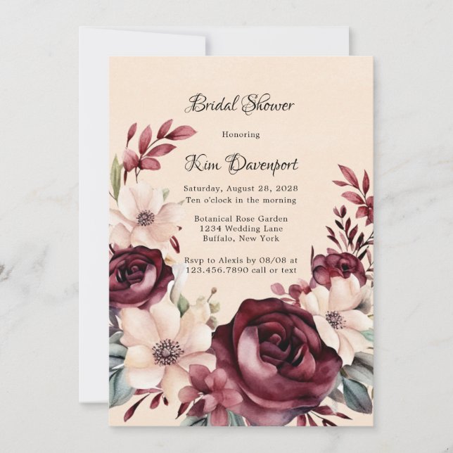 Burgundy and Cream Roses Bridal Shower Invitation (Front)