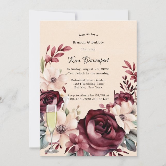 Burgundy and Cream Roses Brunch & Bubbly Invitation (Front)