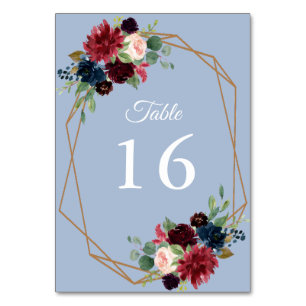 burgundy and dusty blue floral geometric wedding table number