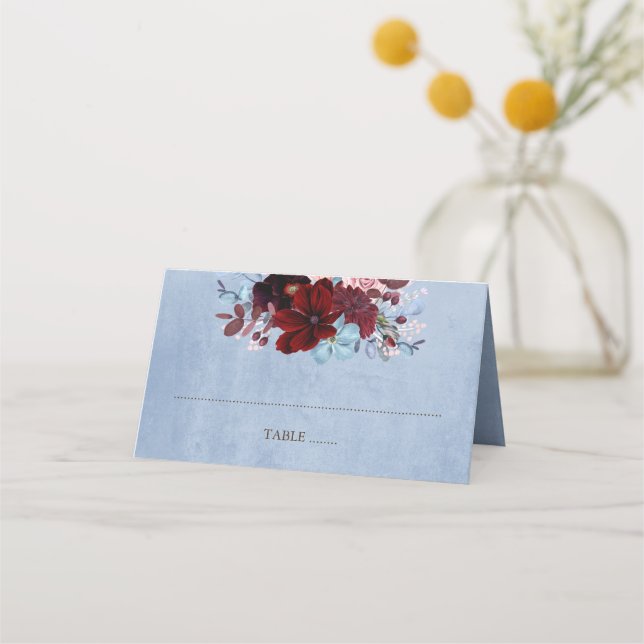 Burgundy and Dusty Blue Floral Watercolor Place Card (Front)