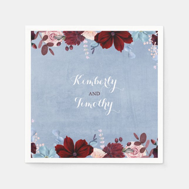 Burgundy and Dusty Blue Floral Watercolors Napkin (Front)