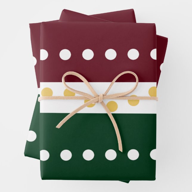 Burgundy and Emerald Golden Polka Dots Christmas  Wrapping Paper Sheet (In situ)