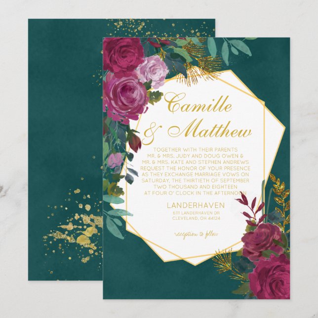 Burgundy and Emerald Wedding Invitation (Front/Back)