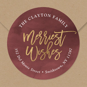 Burgundy and Faux Foil Merriest Return Address Classic Round Sticker