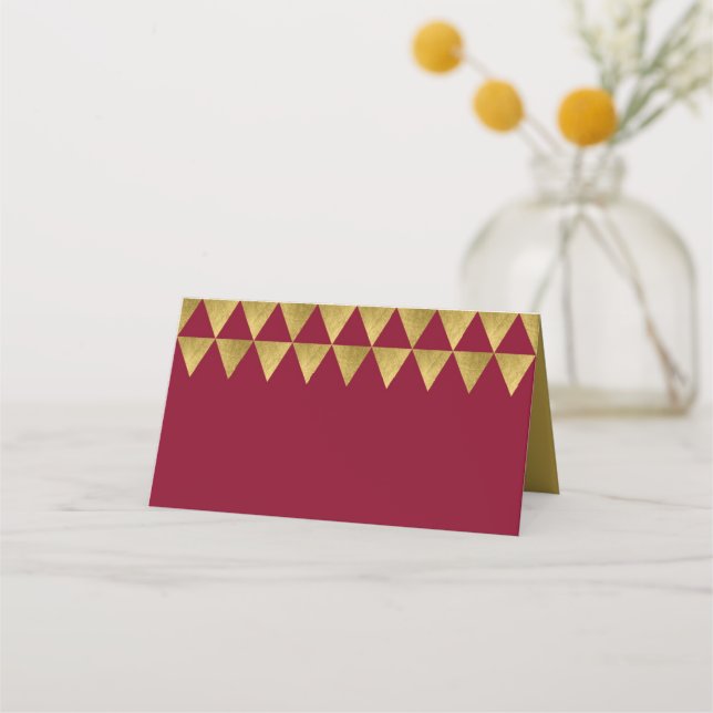 Burgundy and Faux Gold Triangle Geometric Pattern Place Card (Front)