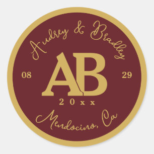 Burgundy and Gold 2 Letter Monogram Wedding Classic Round Sticker