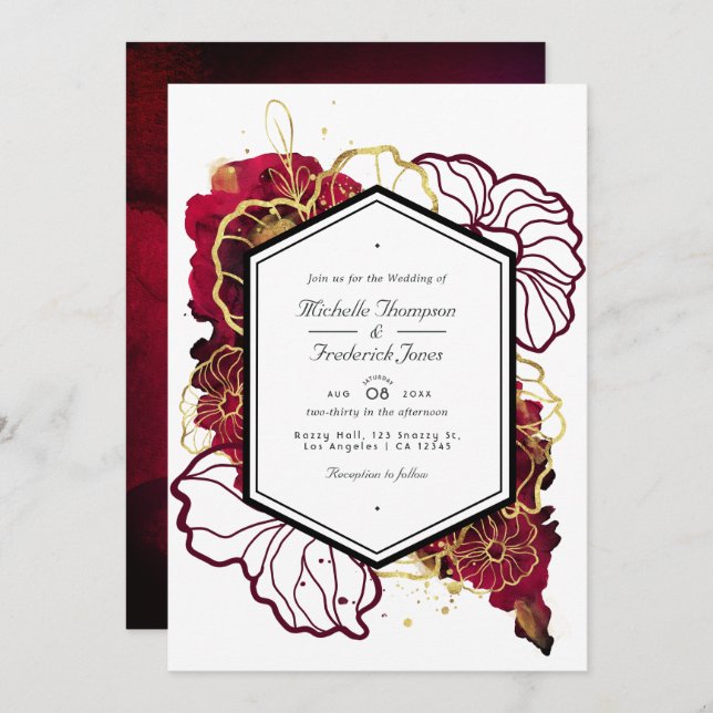 Burgundy and Gold Abstract Floral Wedding Invitation (Front/Back)