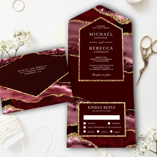 Burgundy and Gold Agate Marble Wedding All In One Invitation (Creator Uploaded)