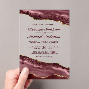 Burgundy and Gold Agate Marble Wedding Invitation