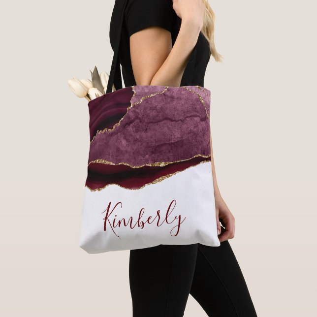 burgundy and gold agate personalised name tote bag (Close Up)