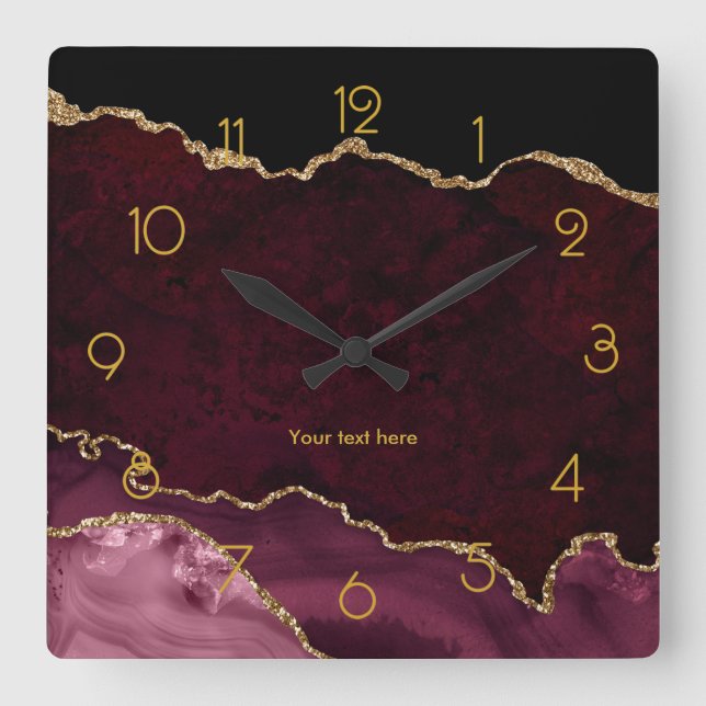 Burgundy and Gold Agate Personalised Square Wall Clock (Front)