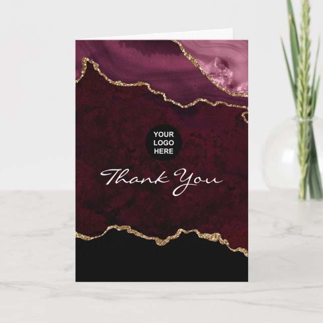 Burgundy and Gold Agate Stone Corporate Photo Thank You Card (Front)