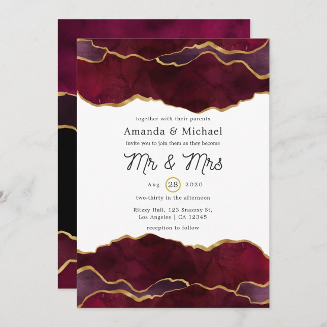 Burgundy and Gold Agate Wedding Invitation (Front/Back)
