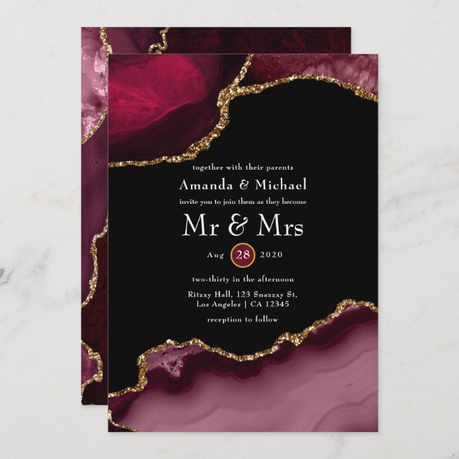 Burgundy and Gold Agate Wedding Invitation (Front/Back)
