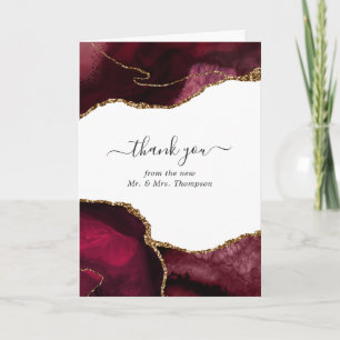 Burgundy and Gold Agate Wedding Photo Thank You Card