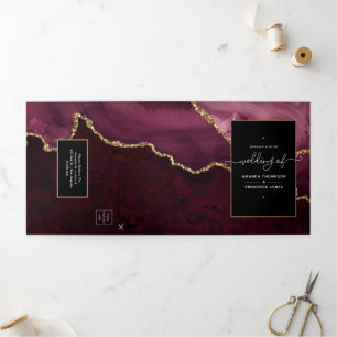 Burgundy and Gold Agate Wedding Tri-Fold Invitation