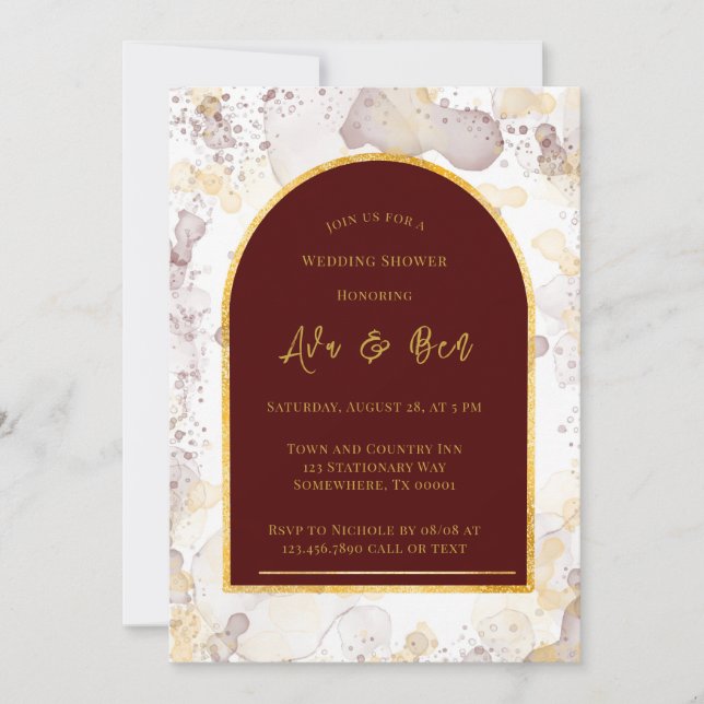 Burgundy and Gold Alcohol Ink Arch Wedding Shower Invitation (Front)