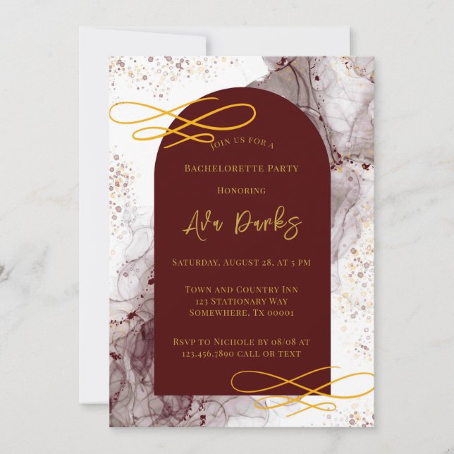 Burgundy and Gold Alcohol Ink Bachelorette Party Invitation (Front)