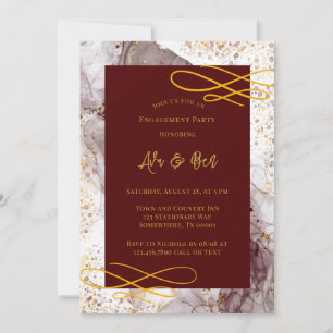 Burgundy and Gold Alcohol Ink Engagement Party Invitation