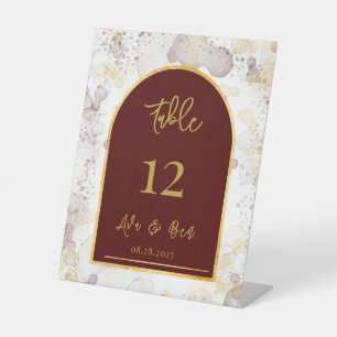 Burgundy and Gold Alcohol Ink Table Number Wedding Pedestal Sign