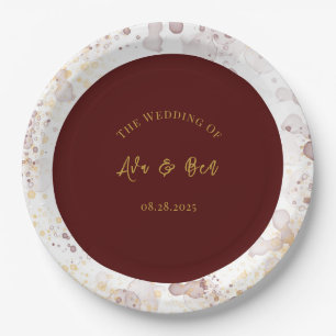 Burgundy and Gold Alcohol Ink Wedding Paper Plate