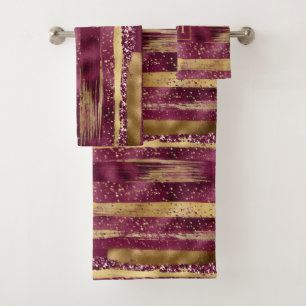 Burgundy and gold brush strokes and monogram bath towel set