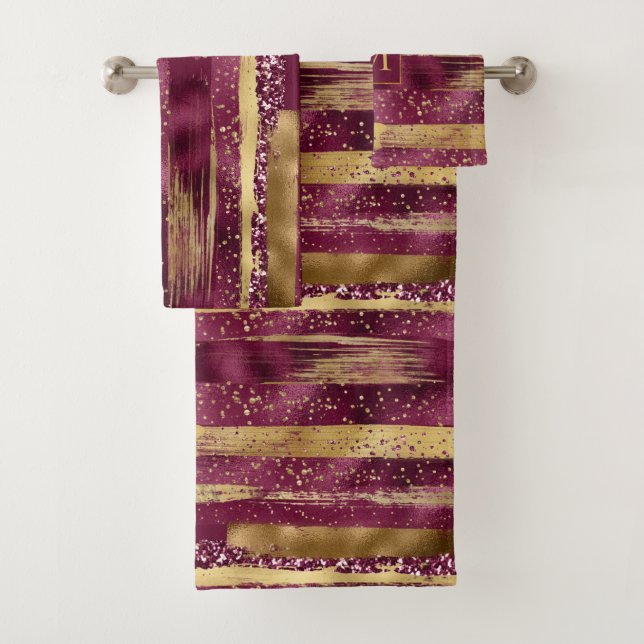 Burgundy and gold brush strokes and monogram bath towel set (Insitu)