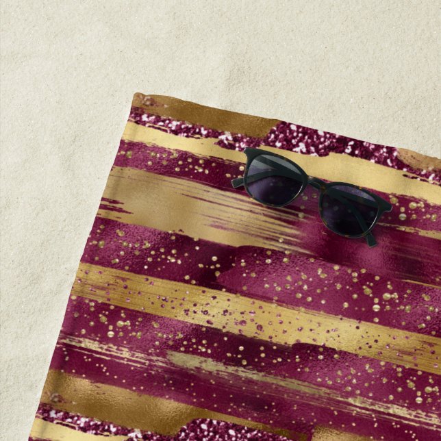 Burgundy and gold brush strokes and monogram beach towel (In Situ)