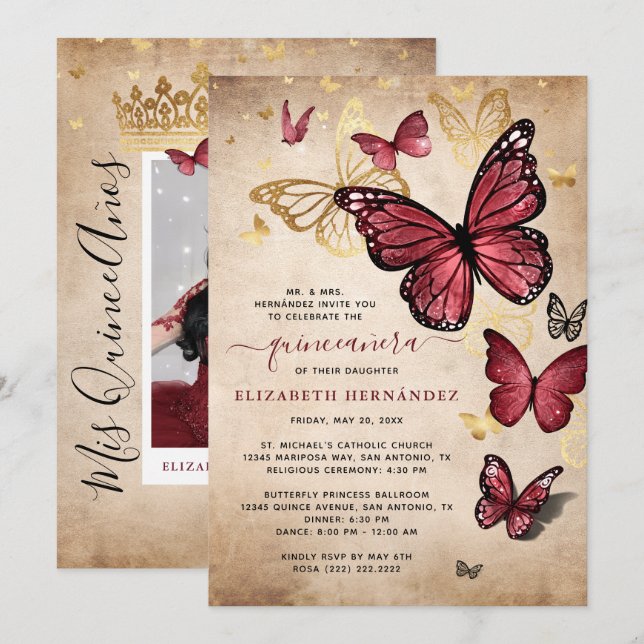 Burgundy and Gold Butterfly Quinceanera Birthday Invitation (Front/Back)