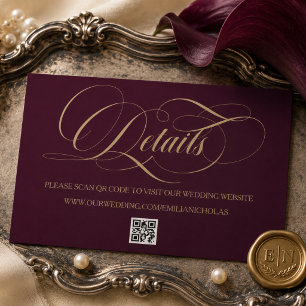 Burgundy and Gold Calligraphy Wedding Details Card