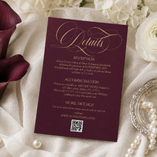 Burgundy and Gold Calligraphy Wedding Details Card