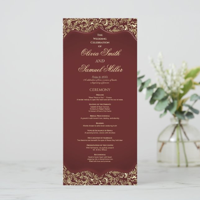 Burgundy And Gold Damask Wedding Program Programme (Standing Front)