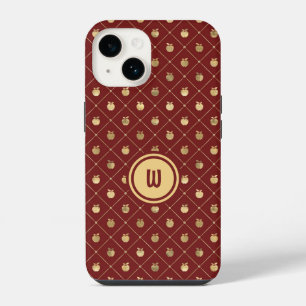 Burgundy and Gold Diagonal Apple Pattern iPhone 14 Case