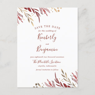 Burgundy and Gold Elegant Branches Save the Date Announcement Postcard