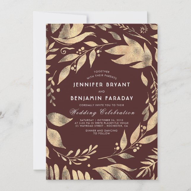 Burgundy and Gold Elegant Leaves Fall Wedding Invitation (Front)