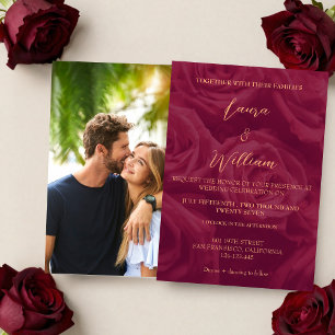 Burgundy and gold elegant picture wedding invitation